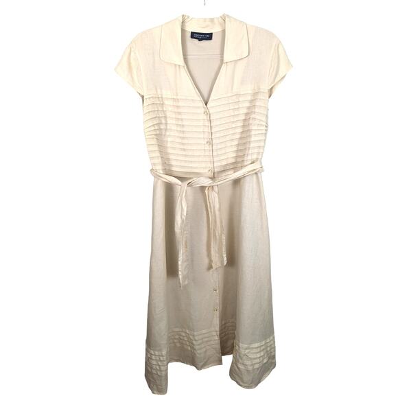Vintage Jones New York Maxi Linen Cream Shirt Dress Pleated Cap Sleeve - Picture 1 of 9